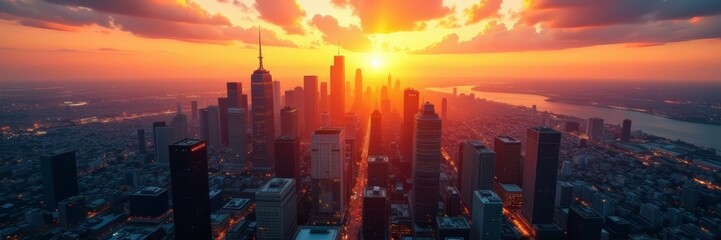Fototapeta premium Aerial view of city skyline with solar panels glowing under sunset, skyline, city