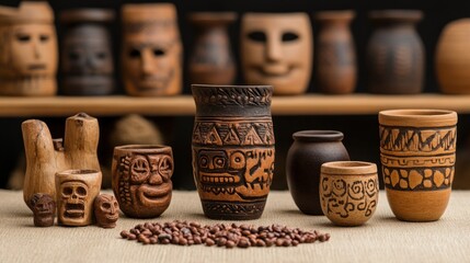 Clay pottery collection with beans