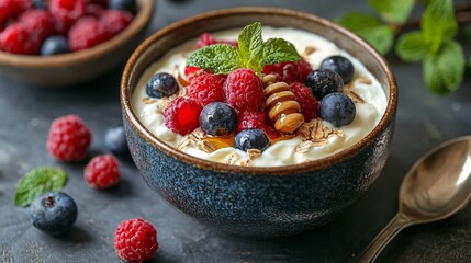 A delicious bowl of yogurt topped with fresh raspberries, blueberries, honey, and mint leaves, creating a vibrant and healthy snack or breakfast option.