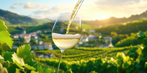 Obraz premium Elegant White Wine Pouring in Golden Sunset Vineyard