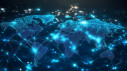 Futuristic visualization of the Earth with interconnected nodes and bright pathways symbolizing worldwide data exchange and connectivity. global technology and innovation.