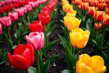 Obraz premium Aerial view of rows of queen of night tulips in a colorful garden, queen of night tulips, flowers, aerial