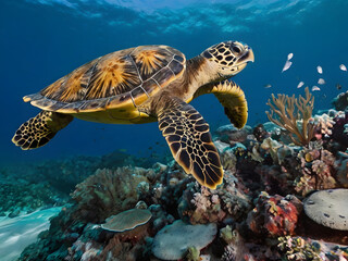 Fototapeta premium Underwater World: Sea turtle gliding gracefully through the crystal-clear blue waters above a vibrant coral reef, a testament to the underwater world's beauty and a vibrant symbol of marine life.