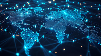 Futuristic visualization of the Earth with interconnected nodes and bright pathways symbolizing worldwide data exchange and connectivity. global technology and innovation.