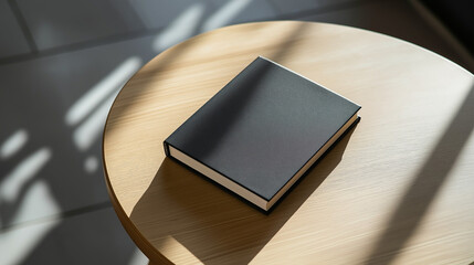 mockup black book cover realistic on round table