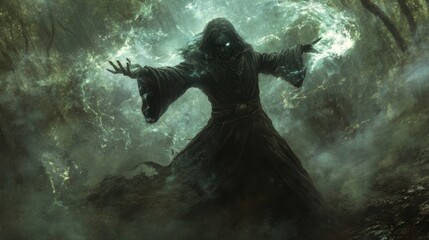 Dark wizard casts mystical energy in a forest