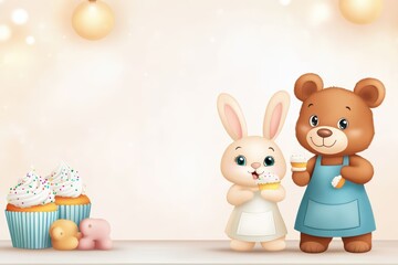 Fototapeta premium Cute Bunny and Bear Baking Together with Cupcakes in an Illustrated Background Scene