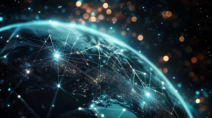 Futuristic visualization of the Earth with interconnected nodes and bright pathways symbolizing worldwide data exchange and connectivity. global technology and innovation.