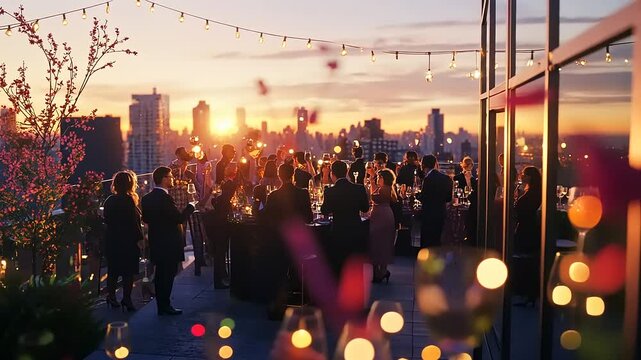 Elegant rooftop gathering at sunset with city skyline, guests mingling and enjoying drinks