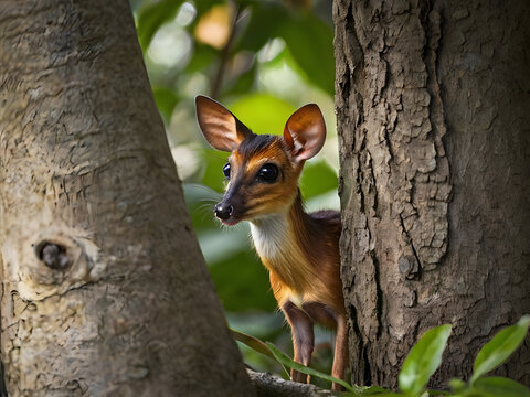 A Shyness Revealed: A petite mouse deer finds shelter amidst the rustic, textured embrace of a tree's embrace, its gaze filled with gentle curiosity.