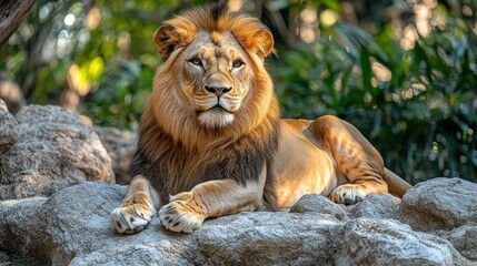 Obraz premium Majestic lion resting on rocks