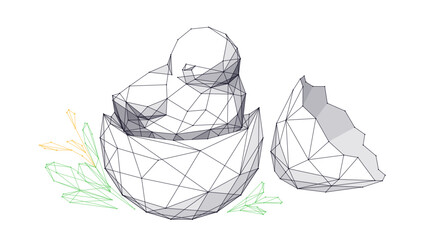 Abstract polygonal Easter chicken in egg.  Low poly tech happy Easter concept. Technology mascot. Wireframe farm bird in geometric forms. Digital isolated vector illustration on white bg