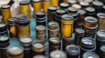 Vintage antique camera lenses in various colors and conditions.