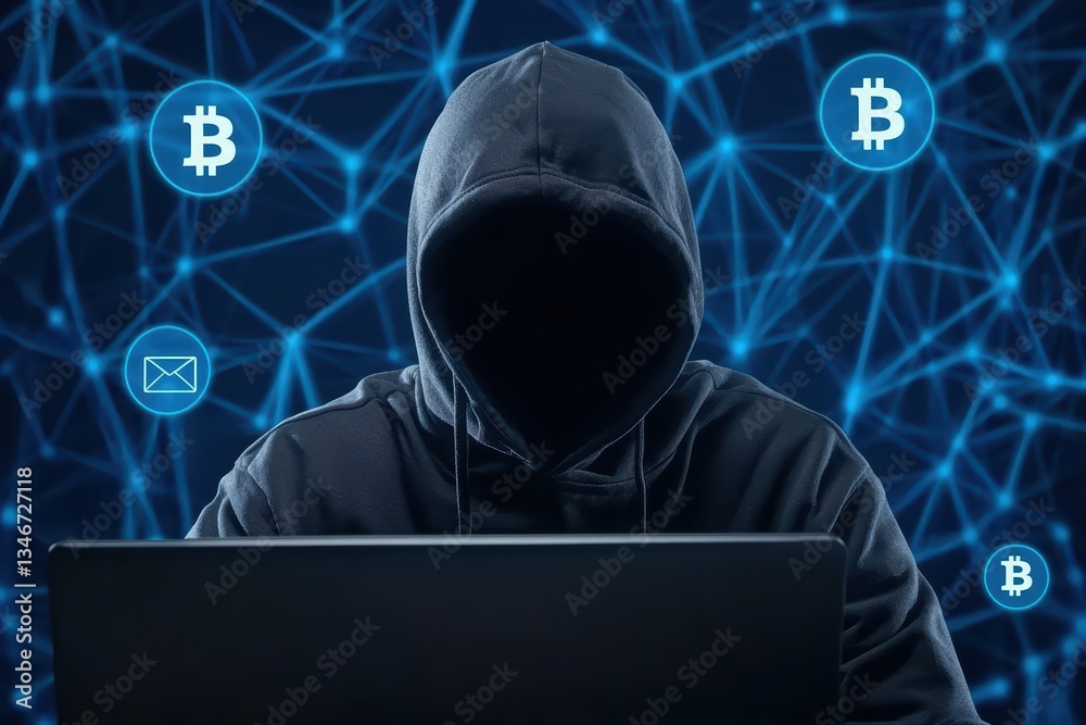 Poster mysterious hacker engaged in dark web activity with cryptocurrency and technology elements