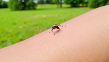 Close-up of a mosquito biting skin in summer park, insect annoyance