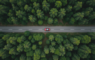 Aerial view of a red car driving through a winding road in a lush green forest.