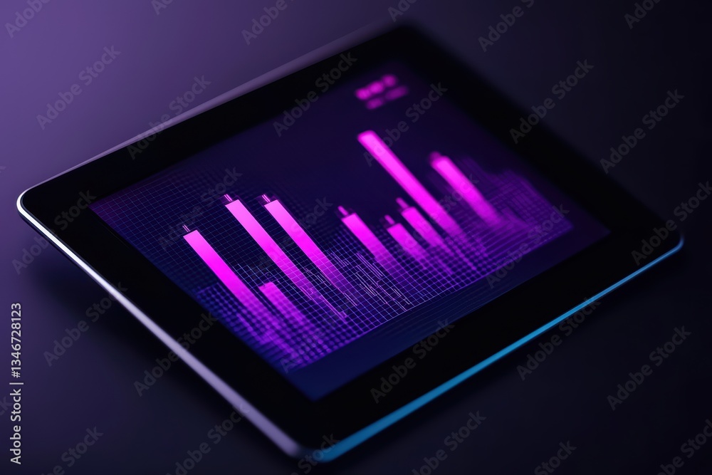 Poster digital tablet displaying economic trends with colorful graphs and analytics visualizations