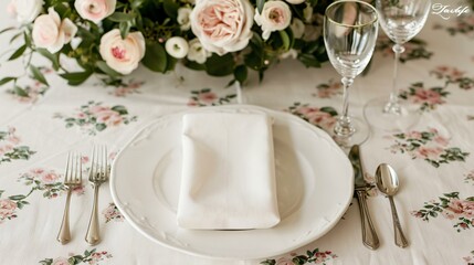 A charming cottage-style dining table with floral patterns and antique silverware, complementing a country kitchen.