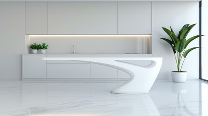A designer dining table with a futuristic curved silhouette, complementing a sleek ultra-modern kitchen space.