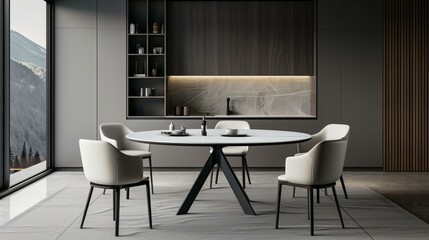 A round luxury dining table with high-backed chairs, styled for an exclusive fine dining kitchen setup.