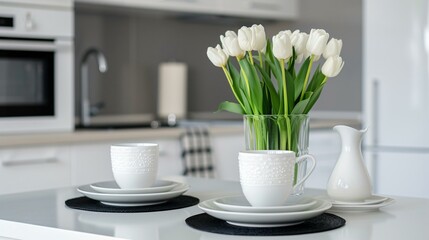 A sophisticated black and white dining table setup, styled for an elegant monochromatic modern kitchen.