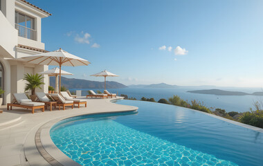 Fantastic private villa, terrace view with sun beds chairs under umbrella, luxury pool hotel stunning summer pattern. Beautiful spa or wellness, recreational vacation resort tourism. Tranquil sea 
