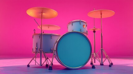 3D drum set, vibrant pink backdrop