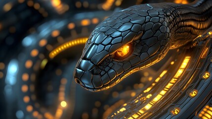 A metallic cobra with glowing eyes, coiled around a futuristic, sci-fi throne