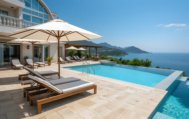 Fantastic private villa, terrace view with sun beds chairs under umbrella, luxury pool hotel stunning summer pattern. Beautiful spa or wellness, recreational vacation resort tourism. Tranquil sea 