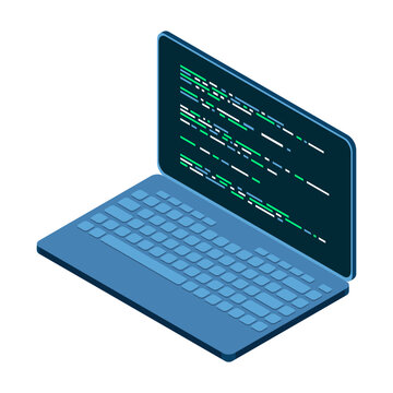 Isometric Laptop. 3d isometric laptop computer. Abstract programming language and program code on a laptop screen. Vector illustration