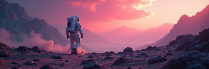 Obraz premium Astronaut in space suit walking through misty light on alien planet, suit, astronaut