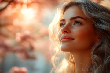 Spring mood, golden hour in sunset. Commercial promotion creative. Gorgeous caucasian young woman surrounded by cherry blossoms. Woman in a colorful cherry blossom park.