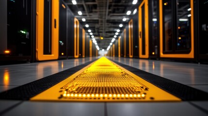 Server room interior with a glowing yellow path