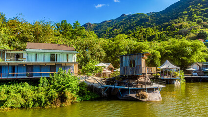 Camping camp on the lake. A theme park with photo zones and photo decorations in the suburbs of Nha Trang, Vietnam. 