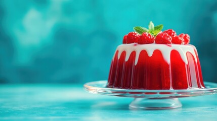 Vibrant Red Jelly Dessert with Creamy Topping Garnished with Fresh Raspberries and Mint Leaf on a Bright Turquoise Background
