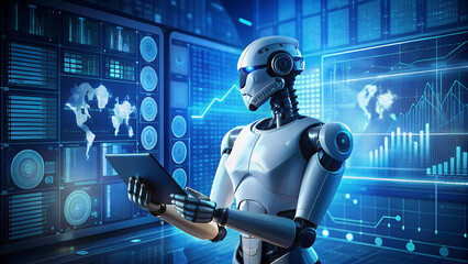 A robot working with AI Artificial Intelligence technology for data analysis, research, planning, work  and generating