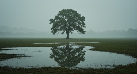 Solitary Oak Tree Reflecting in Misty Field Puddle: A Serene Landscape