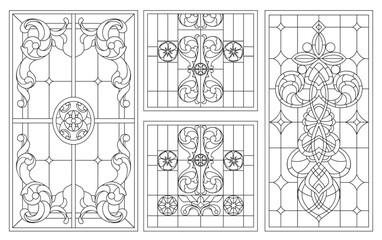 Vector elements. Blank for a classic stained-glass window with floral ornaments. Classic stained glass for a door or window