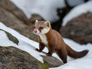Curious Siberian Weasel: A captivating Siberian weasel, with its striking reddish-brown fur and alert expression, navigates a snowy, rocky terrain, its gaze captivating the viewer.