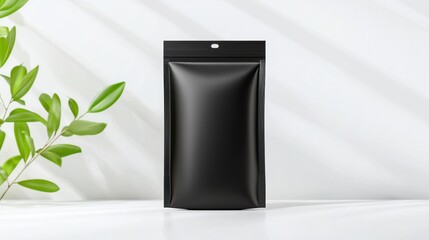 Single serve sachet mock up for beverage concept. Black packaging on a table with green leaves in the background