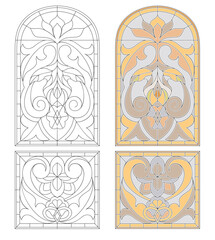 Vector elements. Blank for a classic stained-glass window with floral ornaments. Classic stained glass for a door or window