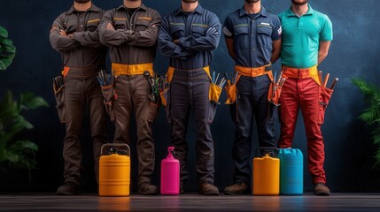 Five skilled technicians stand proudly displaying their tools and equipment ready for any repair or maintenance job showcasing professionalism and expertise in their field.