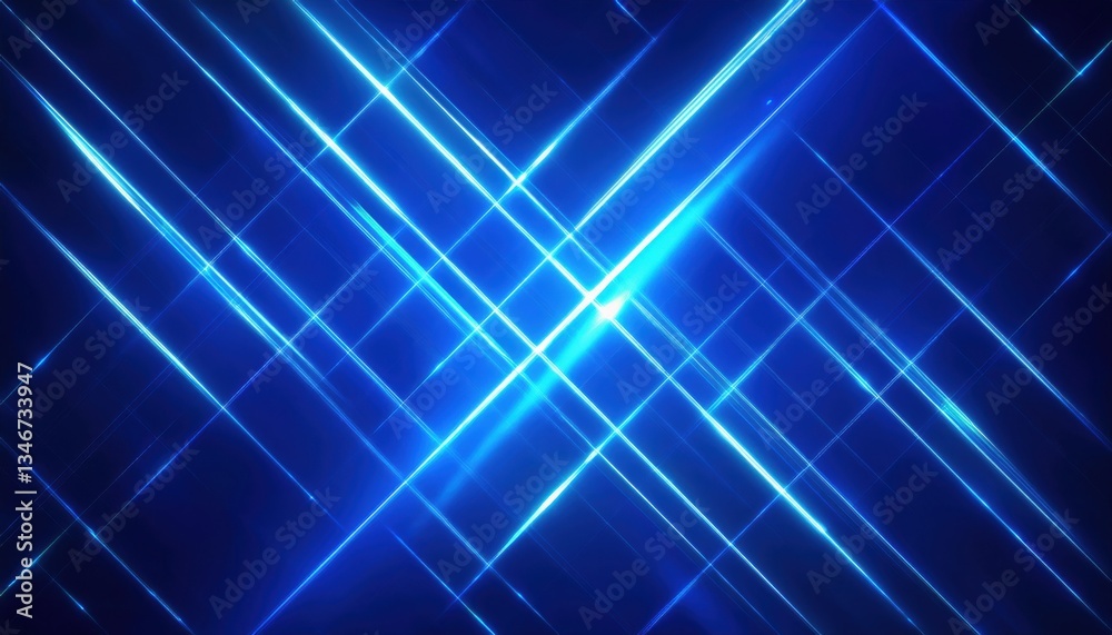 Poster glowing blue intersecting light beams on deep dark background, abstract futuristic energy grid, digi