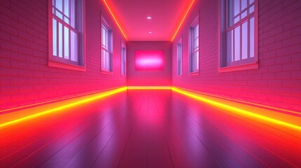 Fototapeta premium Neon-lit hallway with windows