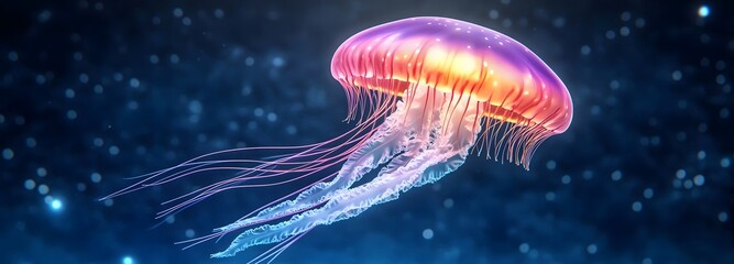 Fototapeta premium A glowing jellyfish floating through an alien ocean, its tentacles illuminating the deep with bioluminescent colors