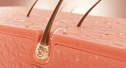 Microscopic View Of Hair Follicle With Water Droplets On Pink Skin