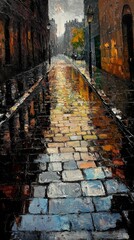Wet cobblestone street in old european city