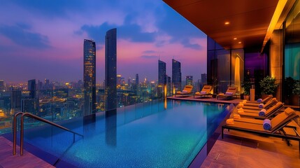 Obraz premium Rooftop pool overlooking city at twilight