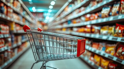 Empty white shopping cart positioned in the foreground of a supermarket aisle, ready for grocery shopping.