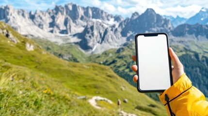Hiker Holding Smartphone in Scenic Mountain Landscape During Outdoor Adventure